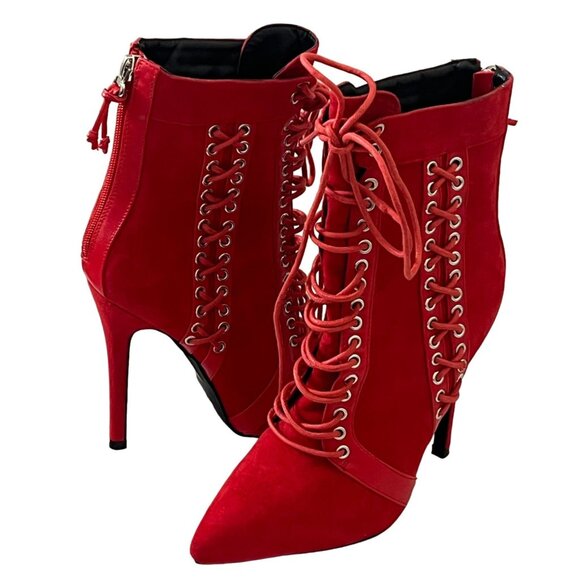 PrettyLittleThing Red Suede Lace Up High Heel Ankle Boots Size 7 - Picture 1 of 12